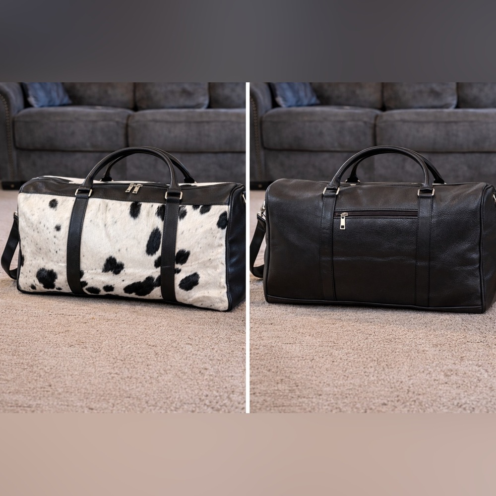 Genuine Cowhide weekender Bag- black and white hair on hide travel duffel bag - Picture 3 of 8